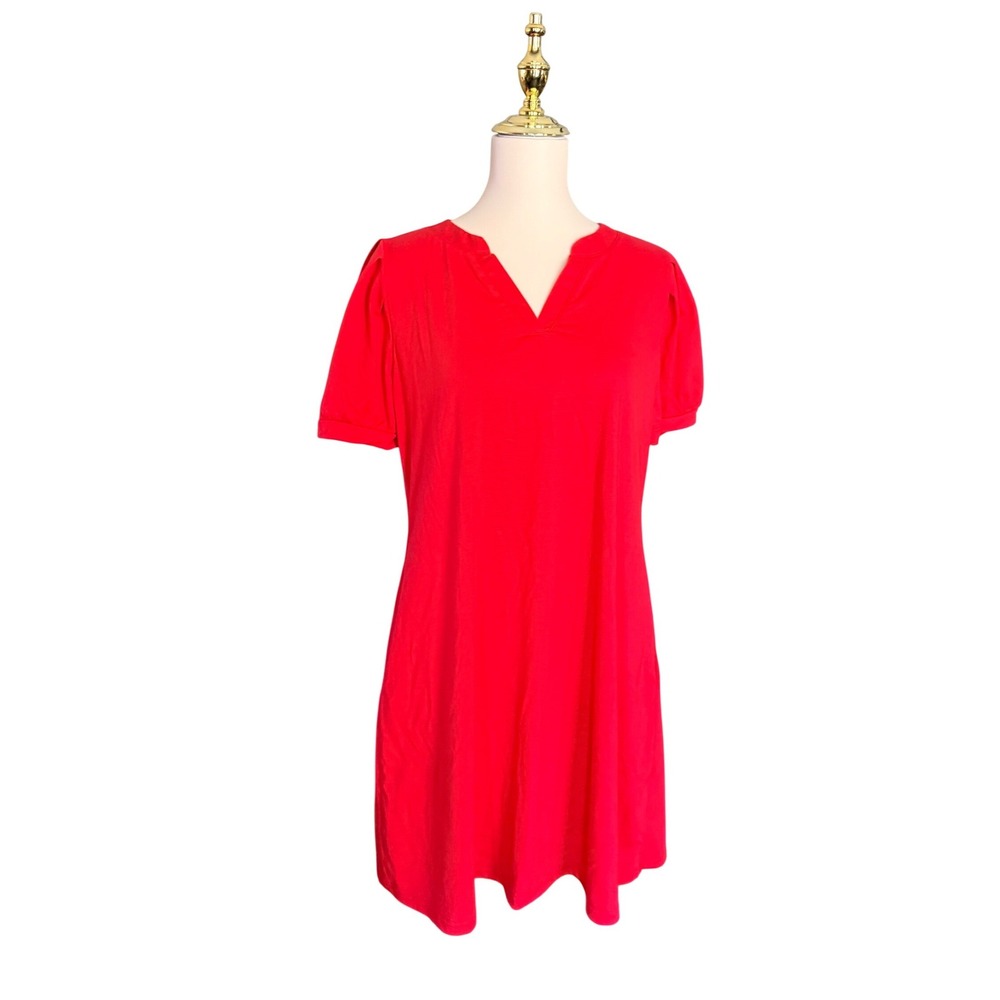 Rumia Womens Red Short Sleeve Puff Sleeve V-Neck Pocket Dress Large